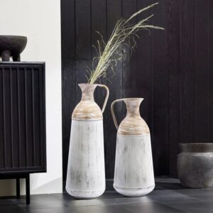 Set of 2 Distressed Off White and Rustic Brown Metal Vase Pitcher Vase