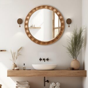 Rustic Natural Solid Wood Frame Round Wall Mirror, 28"H