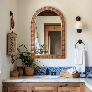 Rustic Solid Frame Arch Rectangle Wood Wall Mirror, 35"H