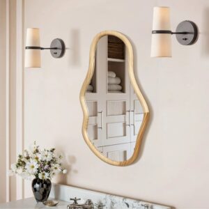 Natural pine wood frame oblong irregular wall mirror