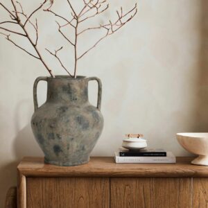 Rustic mottled grey Terracotta Vase urn Vase with handles, 12.1" h