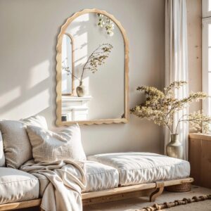 Scalloped wood frame arched mirror, 34"H
