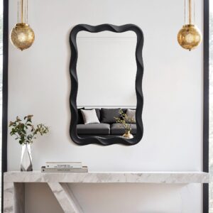 Modern MDF Wood Wavy Rectangle Black Wall Mirror, 35"H