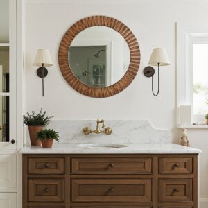 Rustic Oak Wood Textured Round Wall Mirror Home Accent, 29"